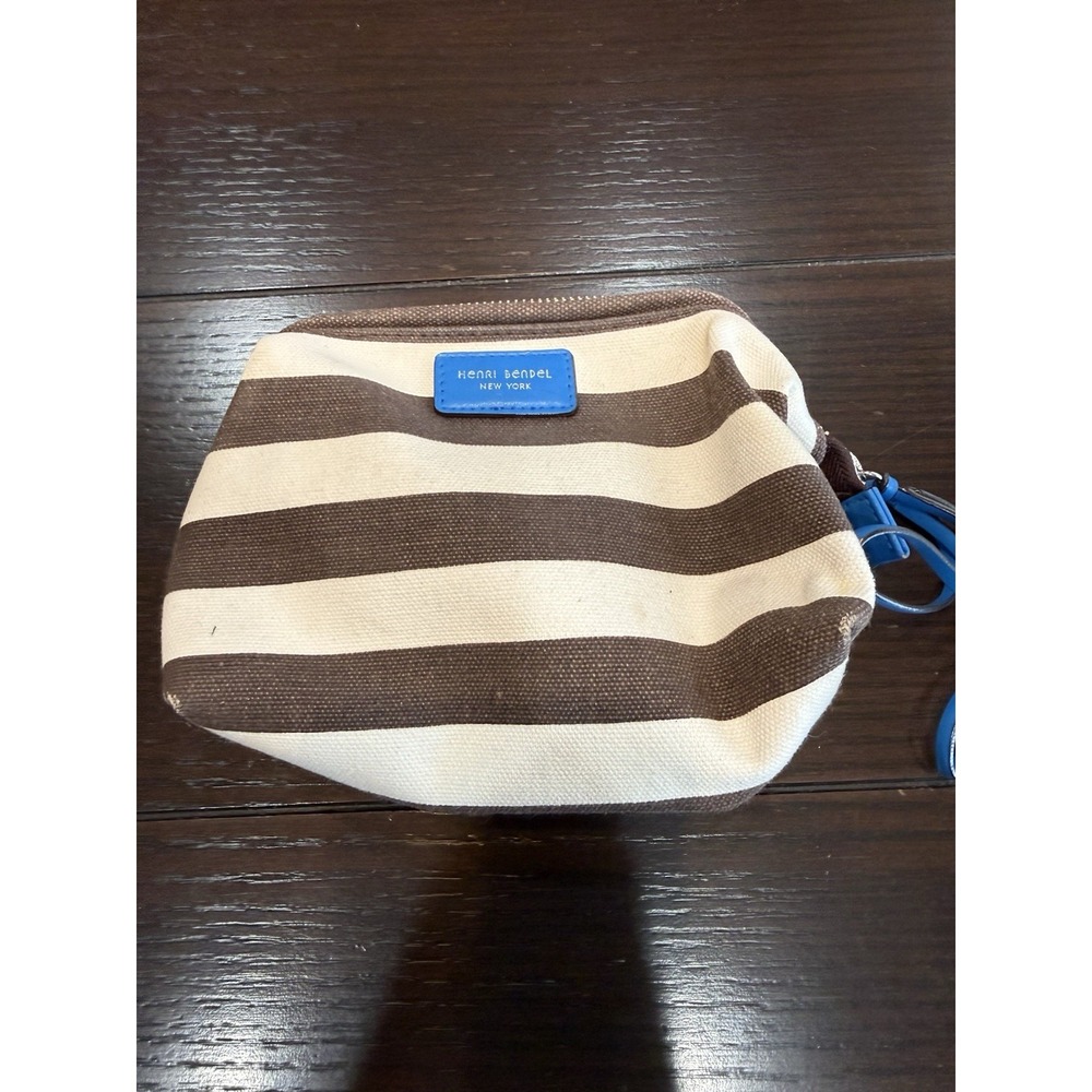 Henri Bendel Cosmetic Bag Brown White Stripe Blue Strap
